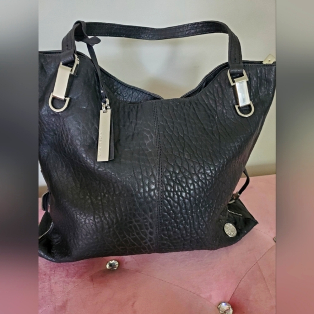 Black Textured Shoulder Bag with Silver Hardware